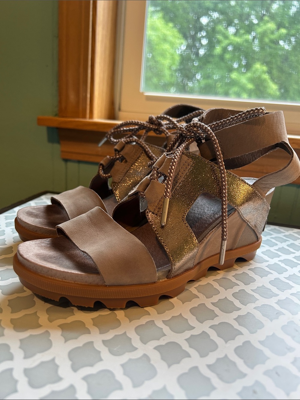Sorel Women's Taupe and Metallic Bronze Lace-Up Platform Sandal- Joanie II 9.5
